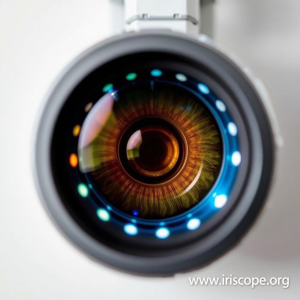 Close-up of an iridology camera lens showing its specialized design
