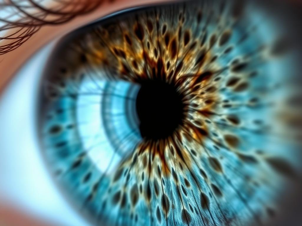 Close-up of human iris showing detailed fibers and patterns used in Iridology Iris Diagnosis