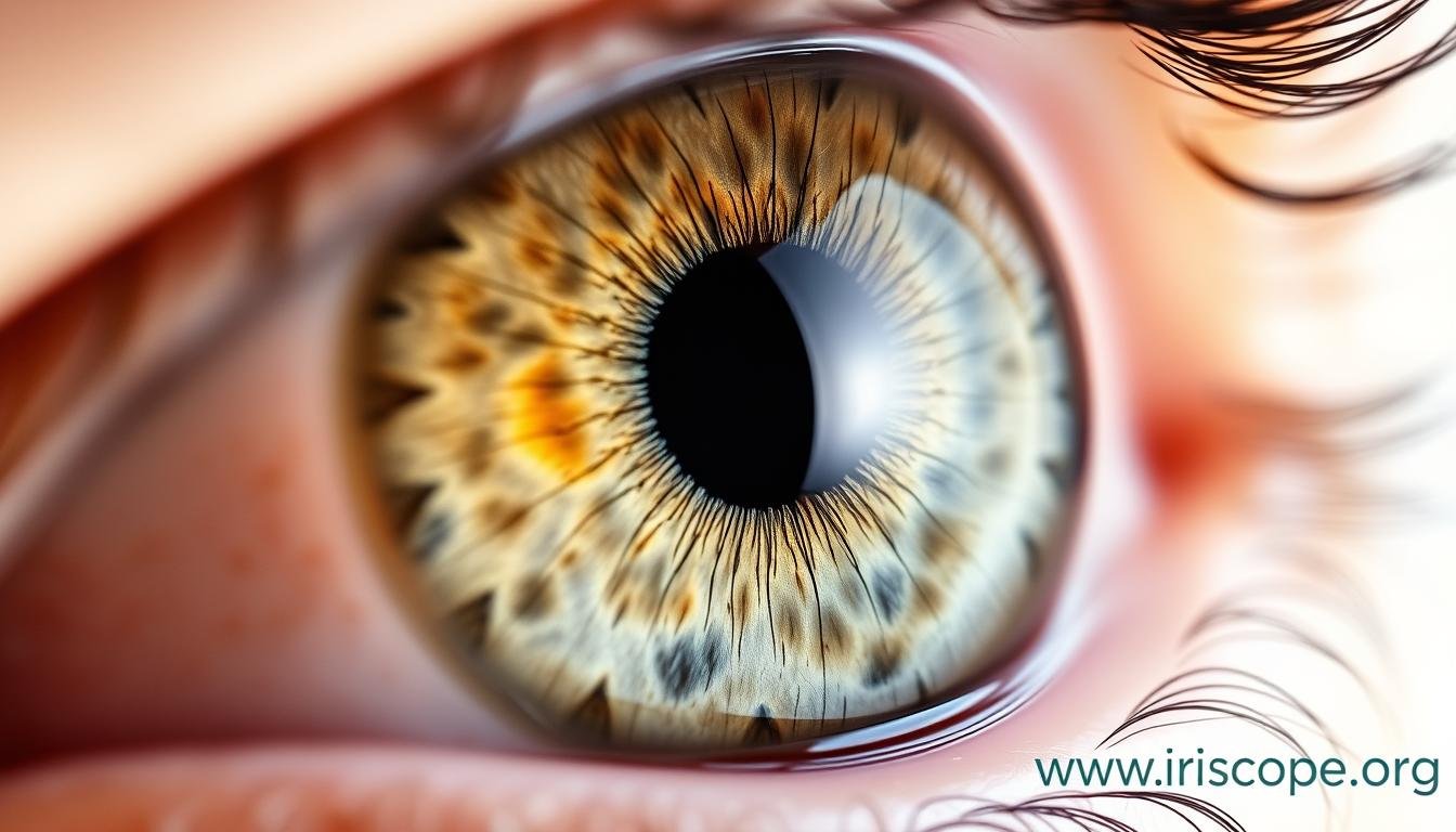 Iridology and AI: The Future of Eye Analysis 1 Close-up of human iris showing detailed patterns used in iridology analysis