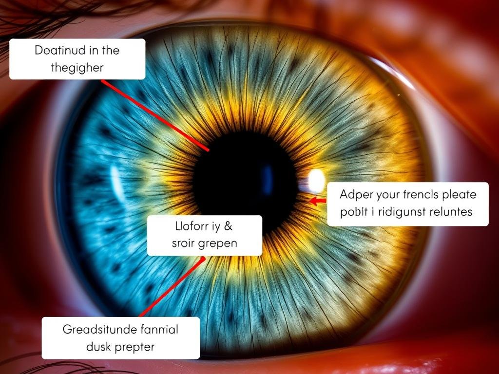 Close-up of iris showing color patterns with Iridology Chart interpretation overlay