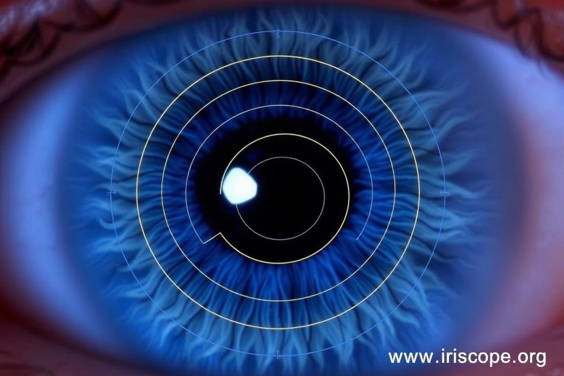 Close-up of iris showing the seven concentric zones in Jensen's system Close-up of iris showing the seven concentric zones in Jensen's system