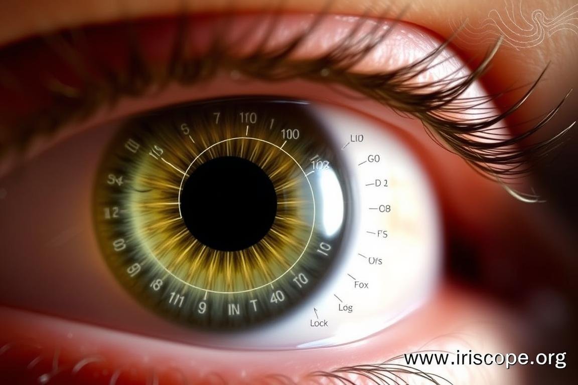 Close-up photograph of left iris with Jensen's mapping overlay Close-up photograph of left iris with Jensen's mapping overlay