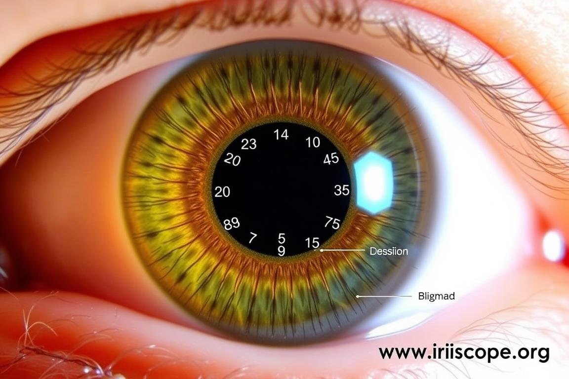 Close-up photograph of right iris with Jensen's mapping overlay Close-up photograph of right iris with Jensen's mapping overlay