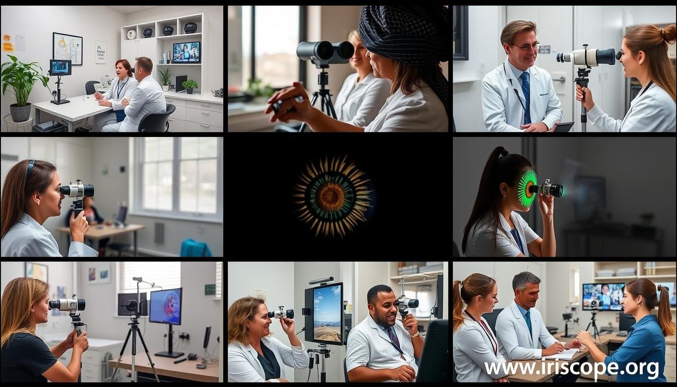 Collage of practitioners using MAIKONG iridology cameras in different settings
