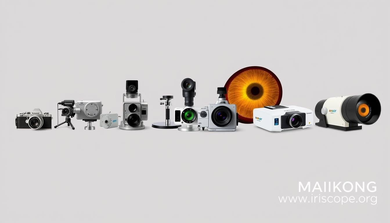 Collage showing the evolution of iridology cameras from historical to modern MAIKONG models