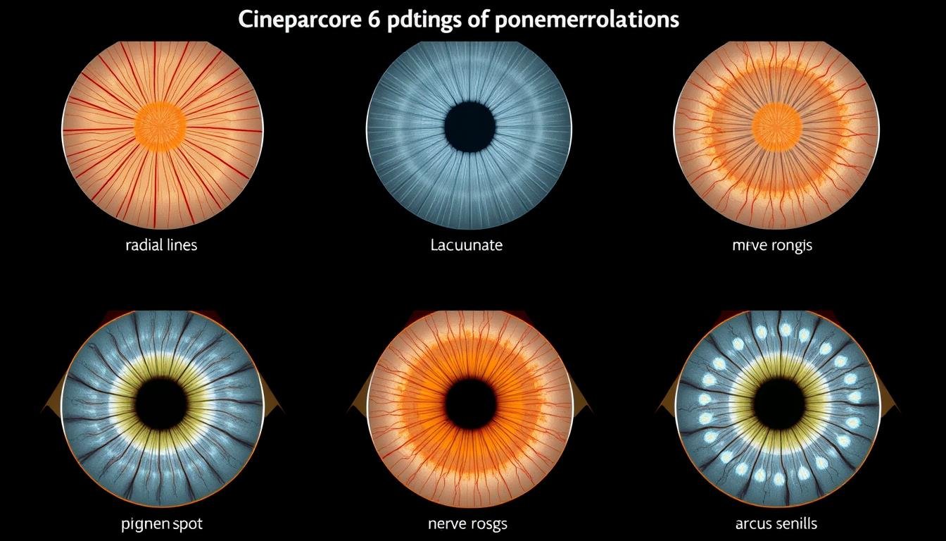 Collection of common iris patterns and their meanings according to iridology charts