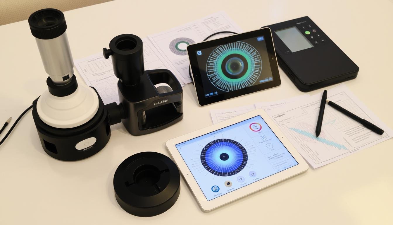 Collection of professional iridology tools including iriscope, charts, and software