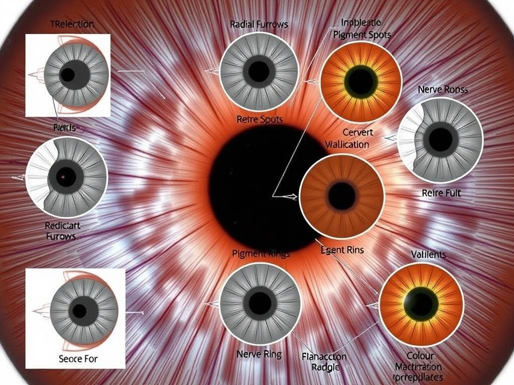 Common iris markings with their interpretations on an iridology chart