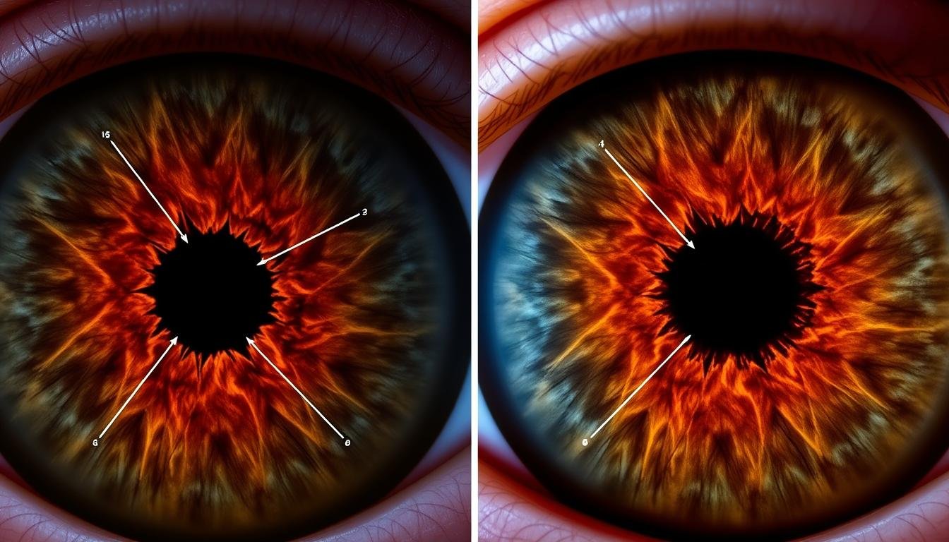 Comparison of different iris patterns showing various health indicators according to iridology Comparison of different iris patterns showing various health indicators according to iridology