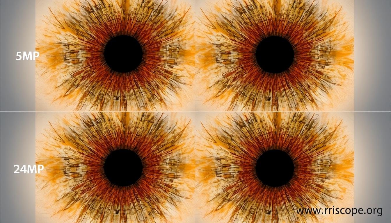 Comparison of iris images captured at different resolutions showing increasing level of detail Comparison of iris images captured at different resolutions showing increasing level of detail