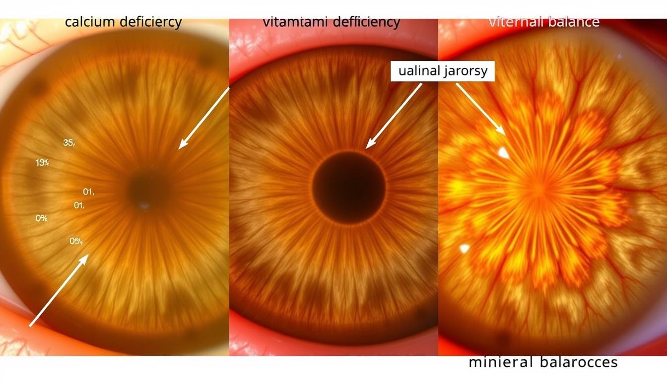 Comparison of iris photographs showing nutritional deficiency markers according to Bernard Jensen's system Comparison of iris photographs showing nutritional deficiency markers according to Bernard Jensen's system
