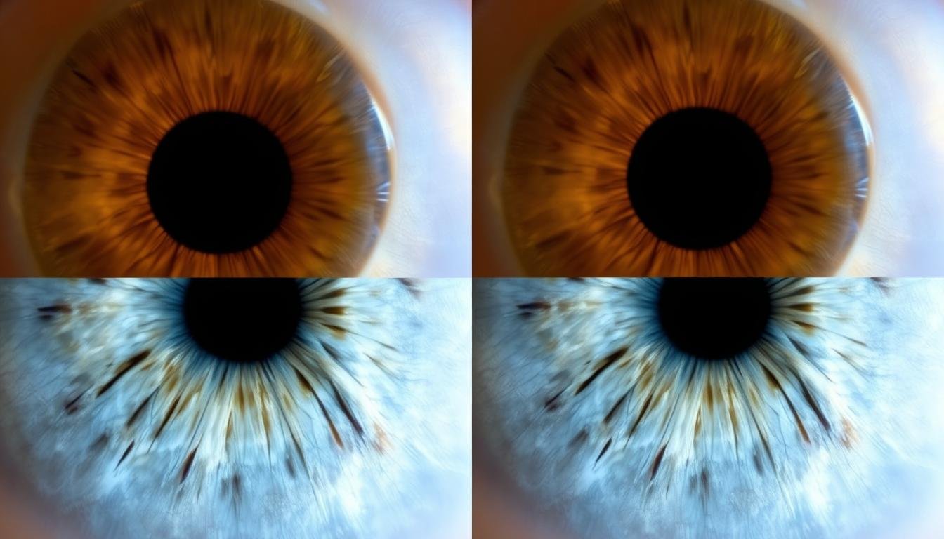 Comparison of the same iris at different magnification levels showing visible detail differences Comparison of the same iris at different magnification levels showing visible detail differences