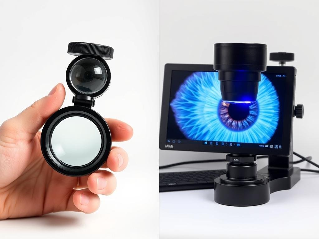 Comparison of traditional and modern iridology lens systems side by side Comparison of traditional and modern iridology lens systems side by side