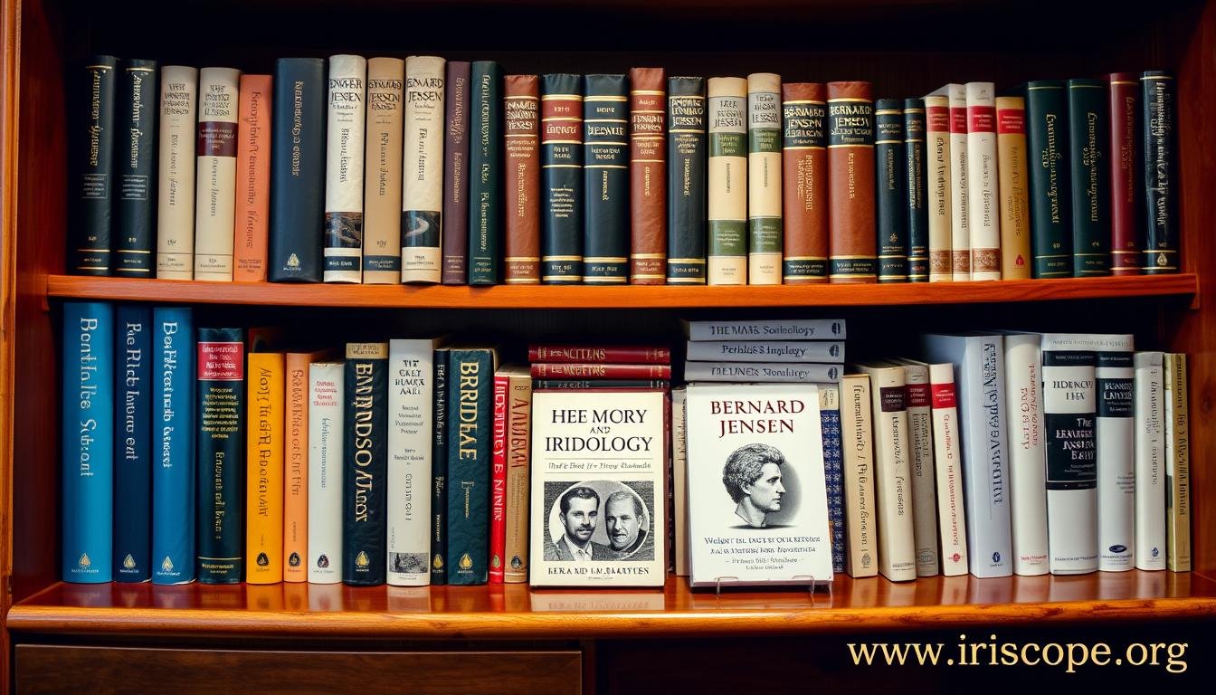 Complete collection of Bernard Jensen iridology books arranged on bookshelf Complete collection of Bernard Jensen iridology books arranged on bookshelf