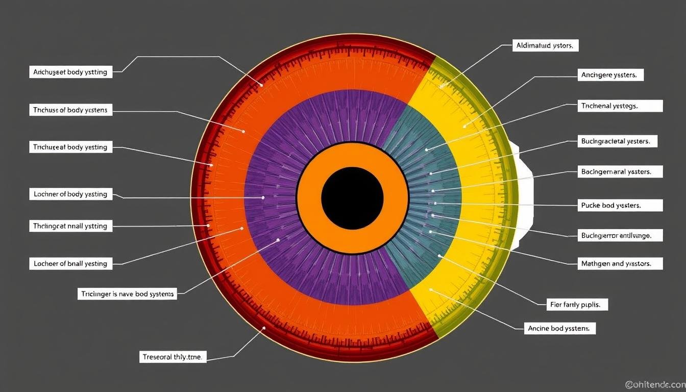 Concentric zones of the iris with labeled body system correlations for iridology reading Concentric zones of the iris with labeled body system correlations for iridology reading