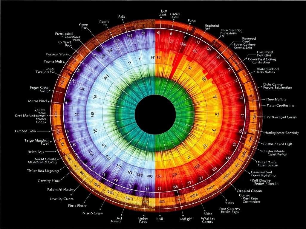 Detailed iridology chart showing iris zones and their corresponding body systems
