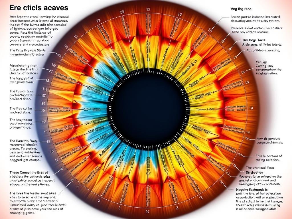 Detailed iridology chart showing iris zones corresponding to different body organs and systems