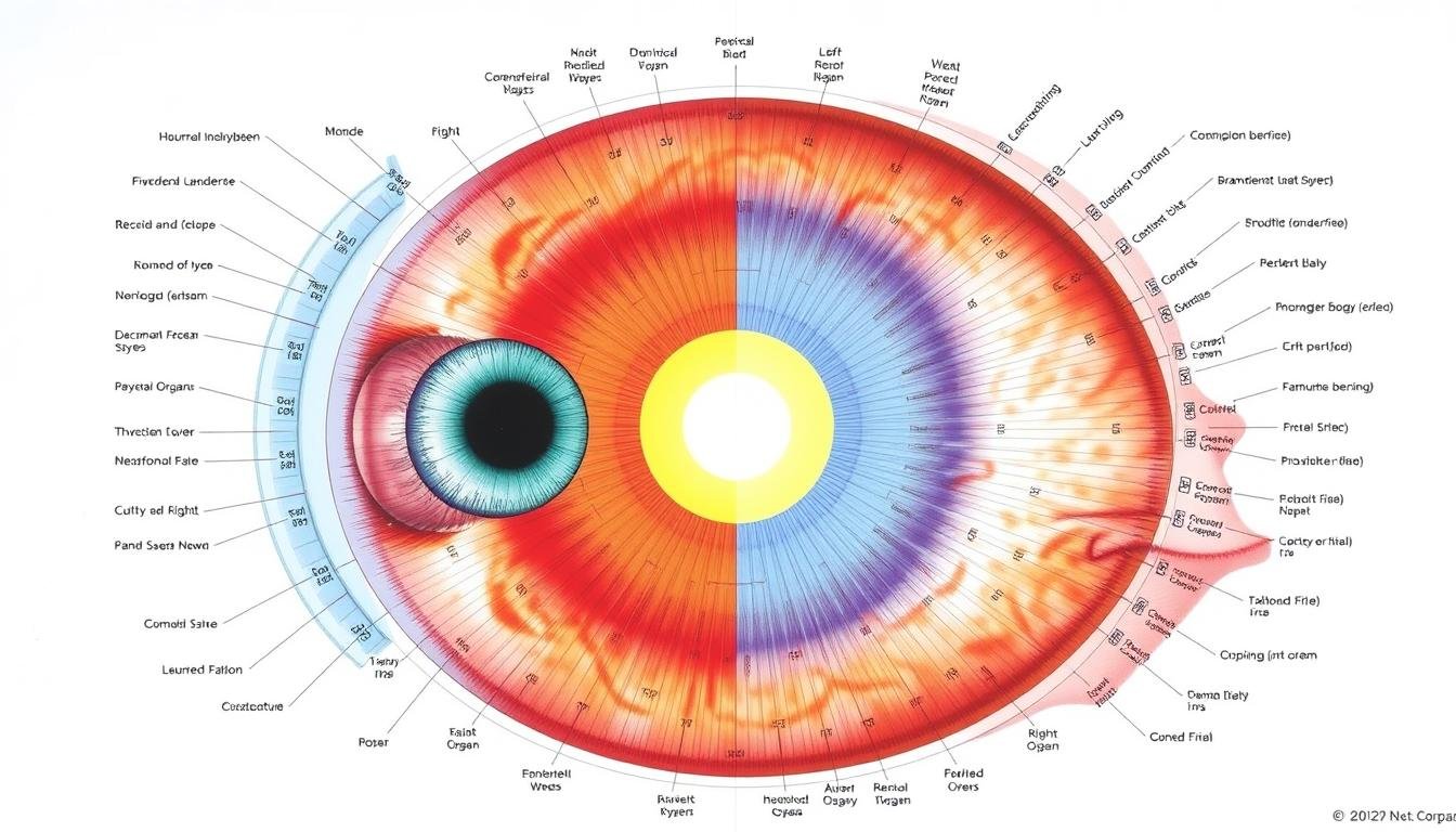 Detailed iridology chart showing iris zones mapped to body organs