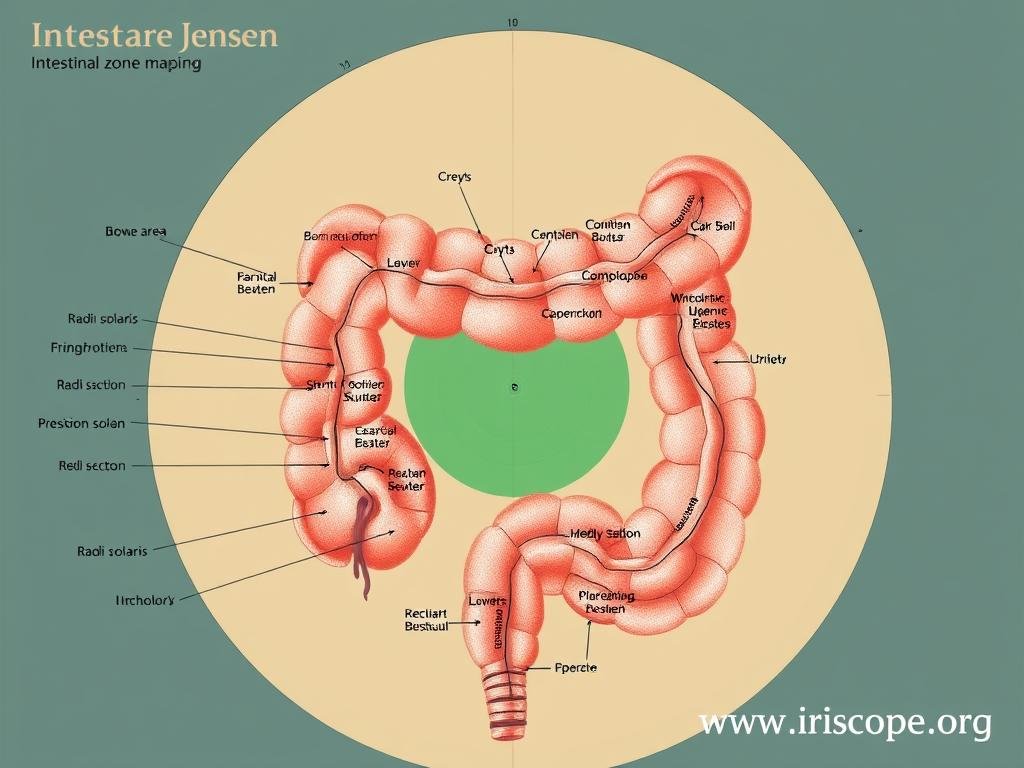 Detailed iris chart showing intestinal zone mapping according to Jensen's methodology