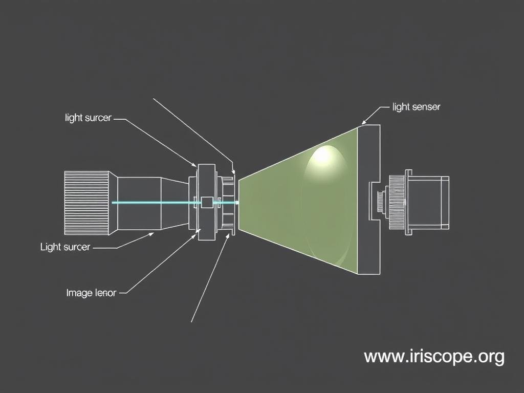 Diagram showing the optical path and components of an iridology camera system Diagram showing the optical path and components of an iridology camera system
