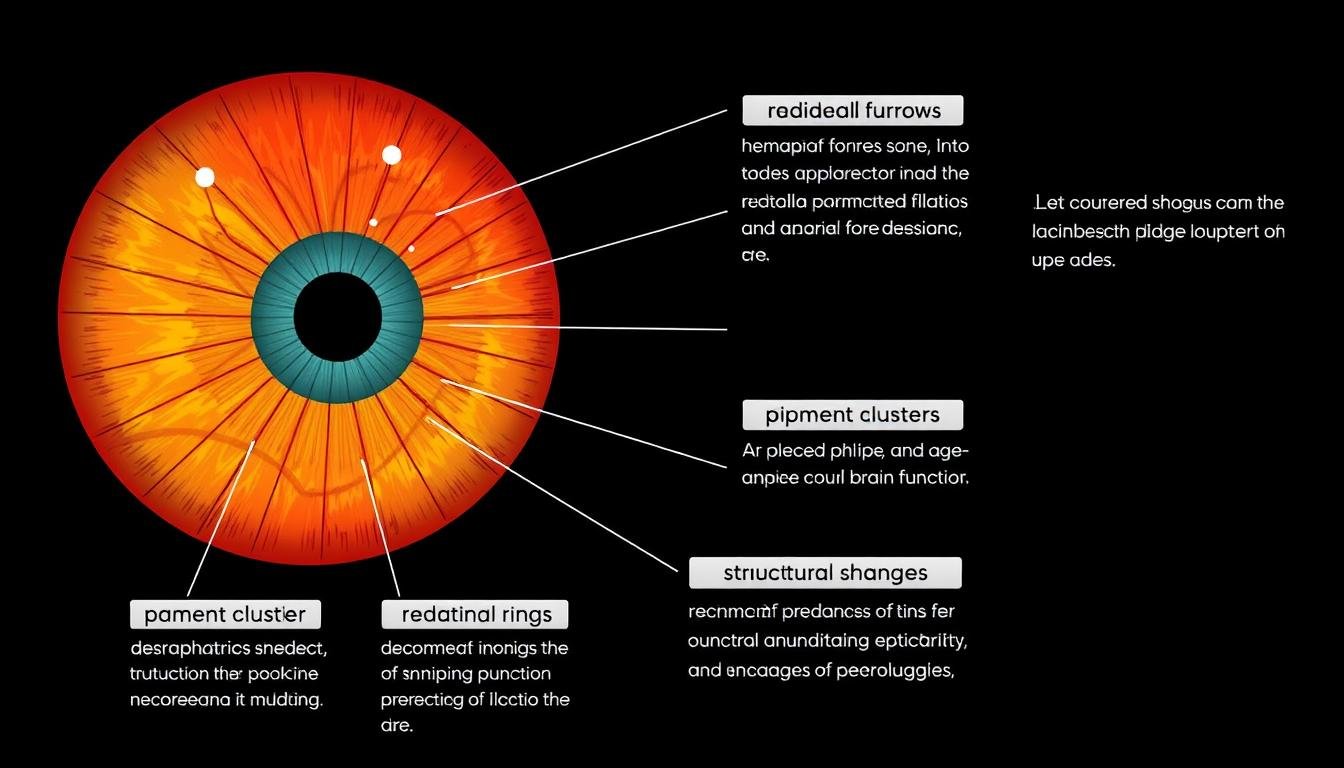Different types of iris markings on an iridology chart related to brain function