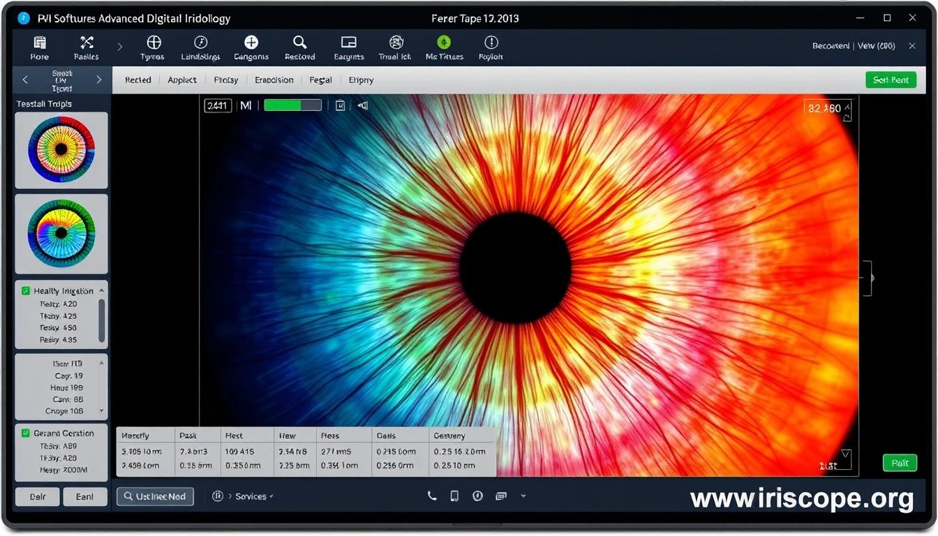 Digital iridology software analyzing iris patterns with color-coded mapping and health indicators Digital iridology software analyzing iris patterns with color-coded mapping and health indicators