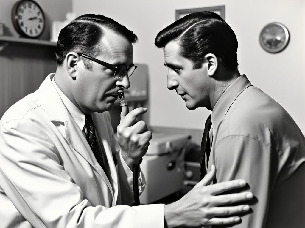 Dr. Bernard Jensen examining a patient's iris using early iridology equipment Dr. Bernard Jensen examining a patient's iris using early iridology equipment