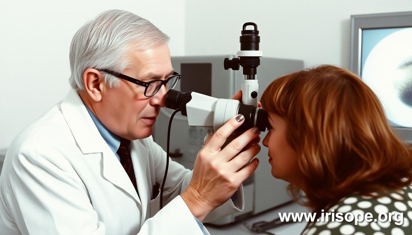Dr. Bernard Jensen examining a patient's iris with specialized equipment