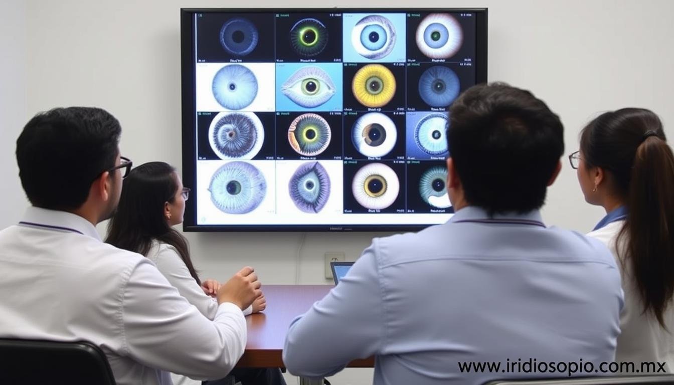 Estudiantes analizando fotografías de iris y discutiendo casos clínicos