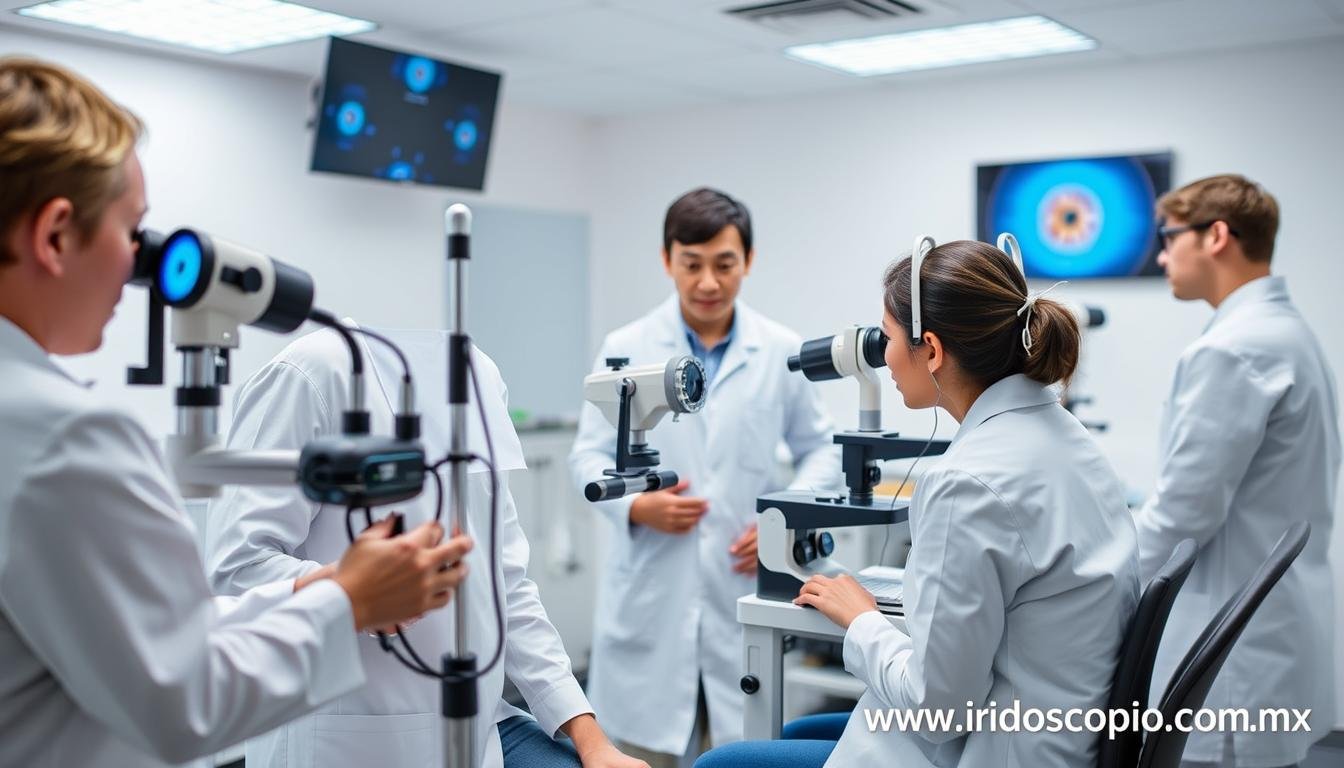 Estudiantes en la **Escuela de iridología** analizando el iris con equipos profesionales