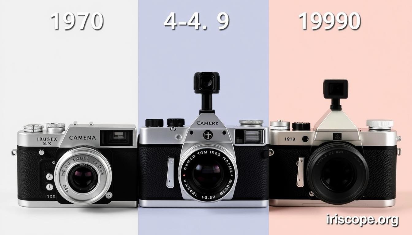 Evolution of iridology cameras showing progression from 1970s to 1990s models