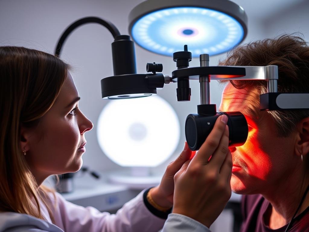 Full-spectrum natural light iridology system in use during examination Full-spectrum natural light iridology system in use during examination