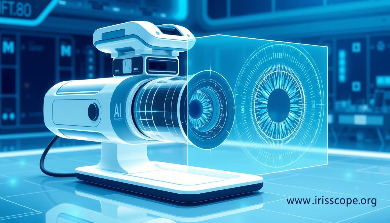 Futuristic concept of AI-integrated iridology camera system with holographic display