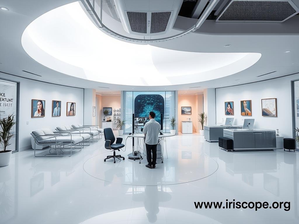 Futuristic integrative health center with iridology as a central component
