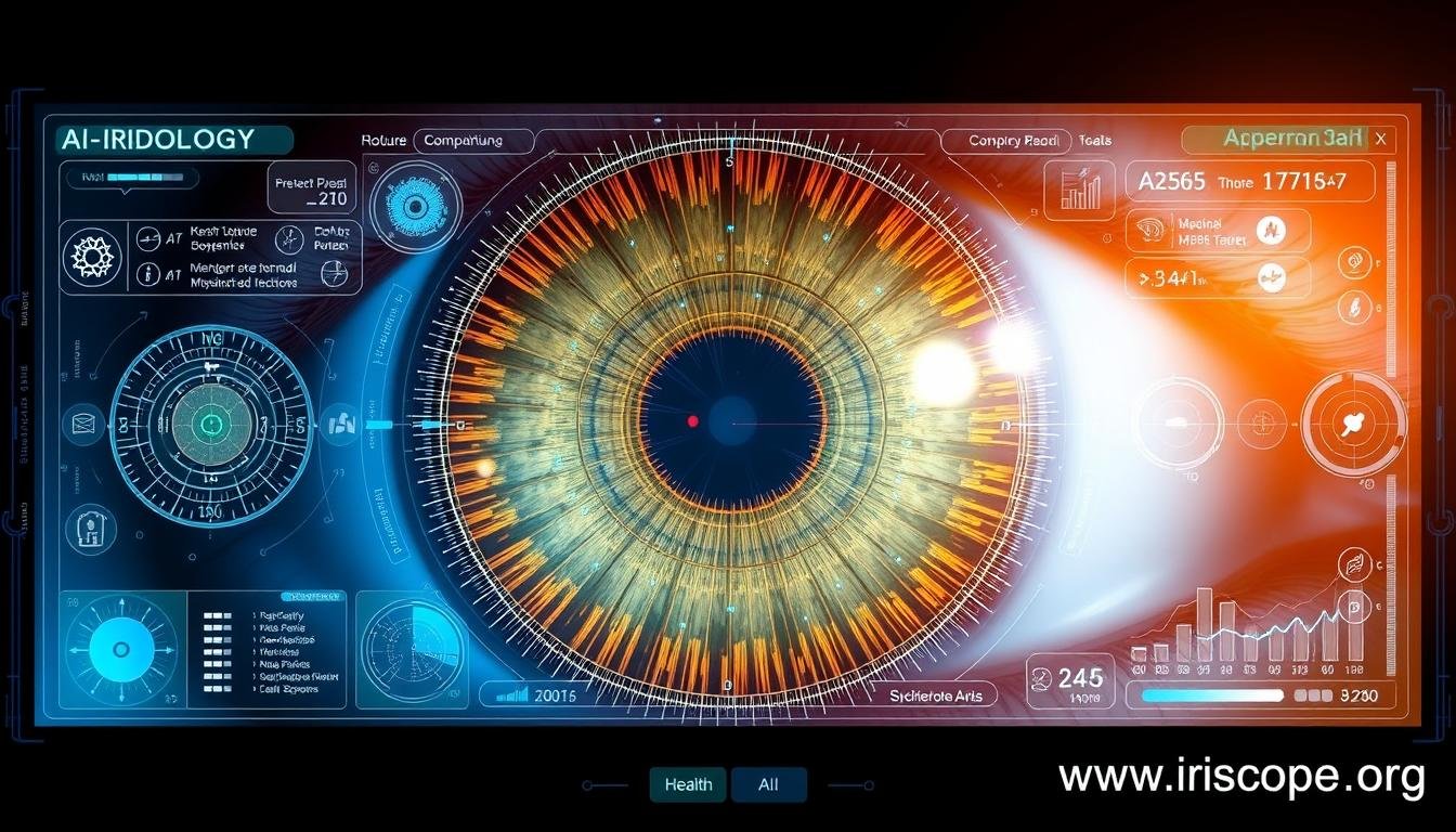 Futuristic iridology analysis showing AI-enhanced pattern recognition and health correlation Futuristic iridology analysis showing AI-enhanced pattern recognition and health correlation