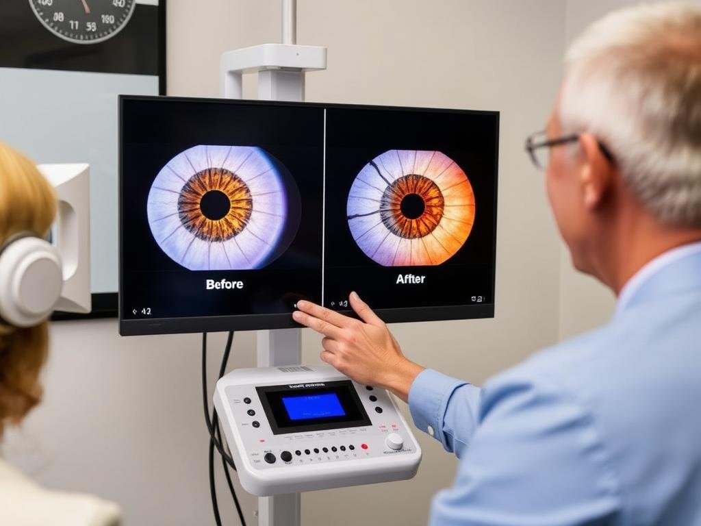 Health monitoring session showing before and after iris images for comparison Health monitoring session showing before and after iris images for comparison