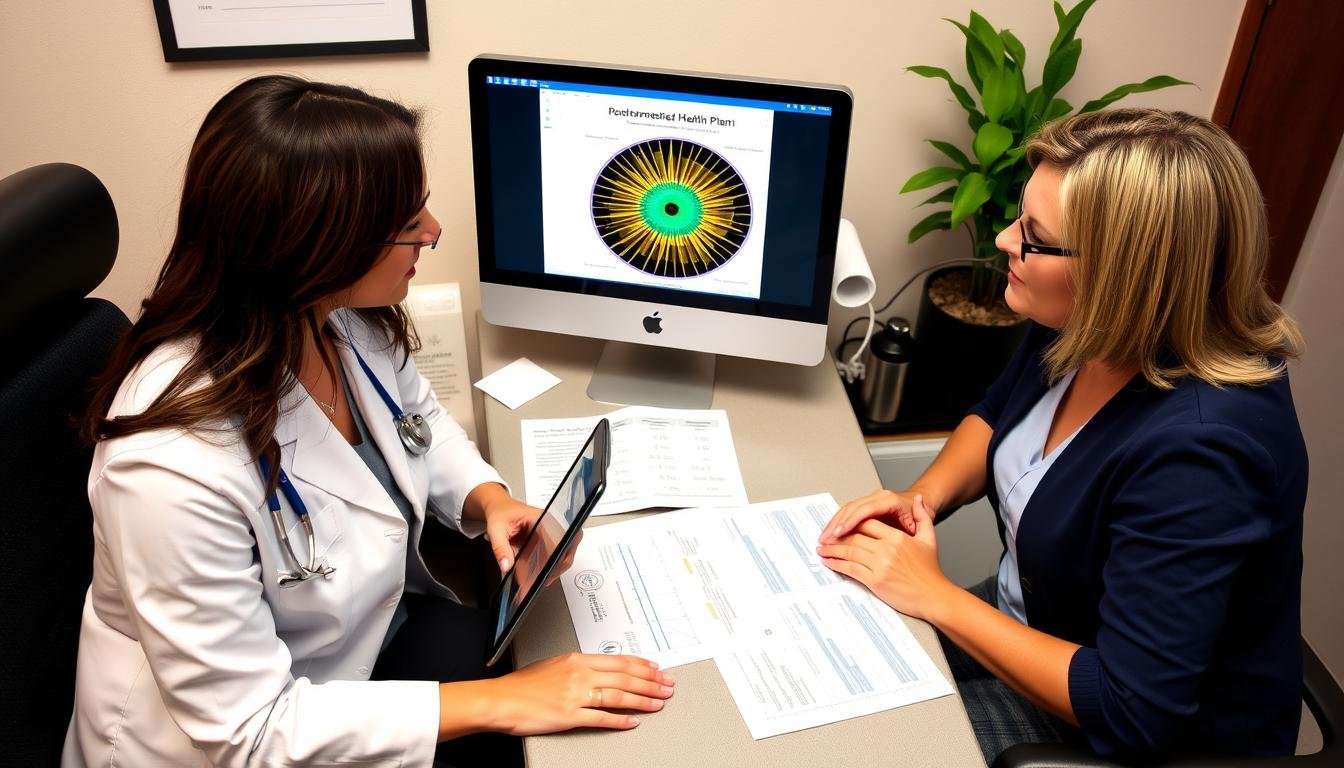 Health practitioner discussing personalized health plan with client using iridology chart results
