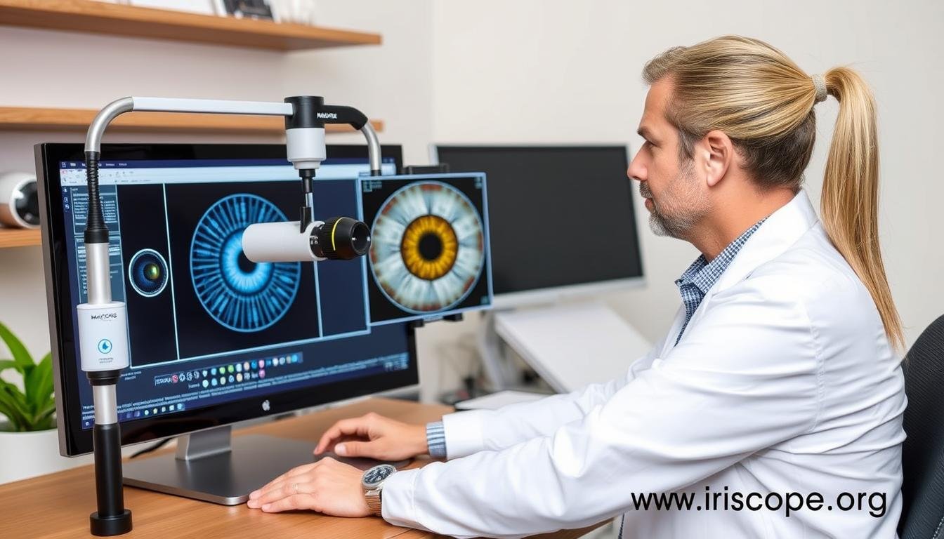Health practitioner using MAIKONG iridology camera with patient
