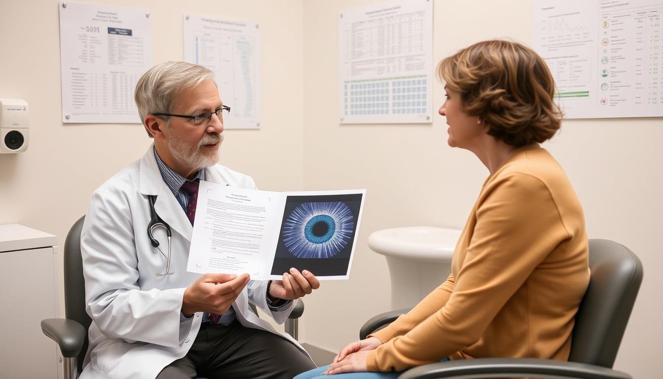 Healthcare practitioner discussing both iridology results and conventional test results with patient Healthcare practitioner discussing both iridology results and conventional test results with patient