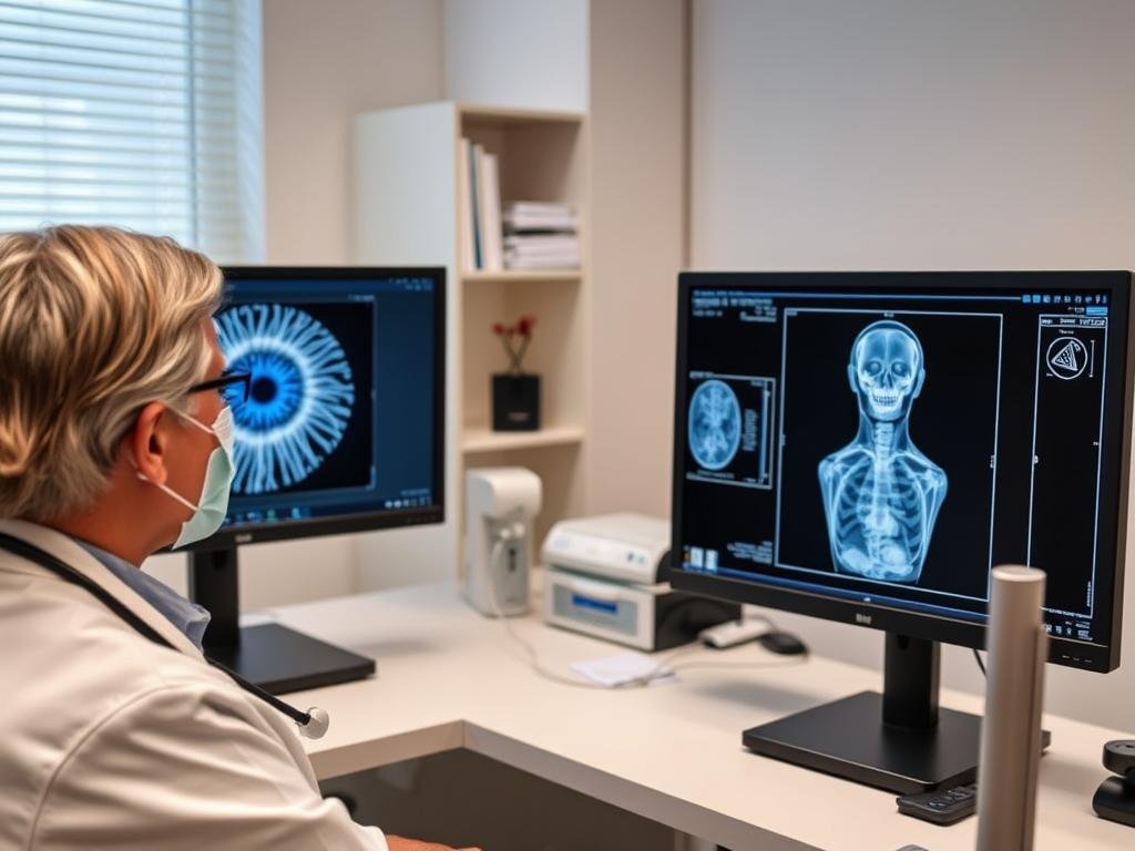 Healthcare practitioner reviewing both iris images and medical scan results Healthcare practitioner reviewing both iris images and medical scan results