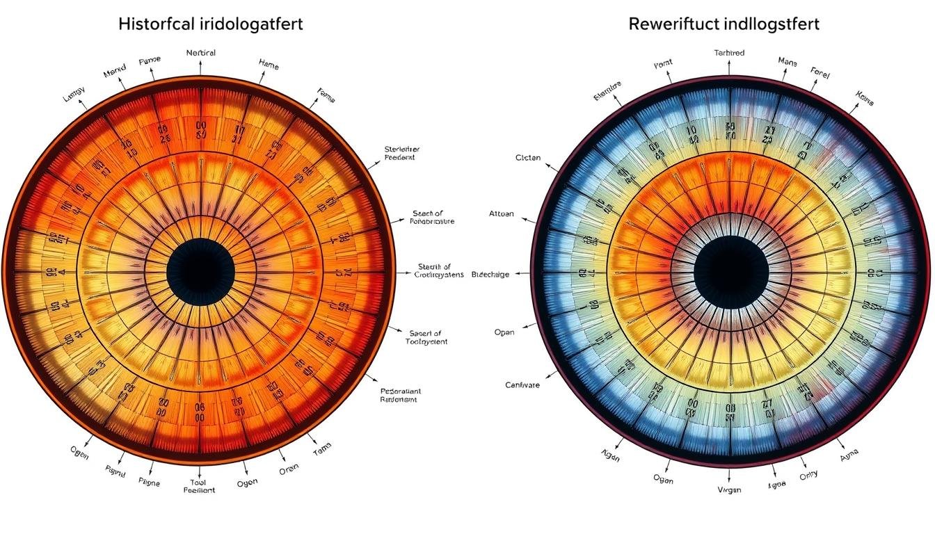 Historical and modern iridology charts showing iris zones and their body correlations