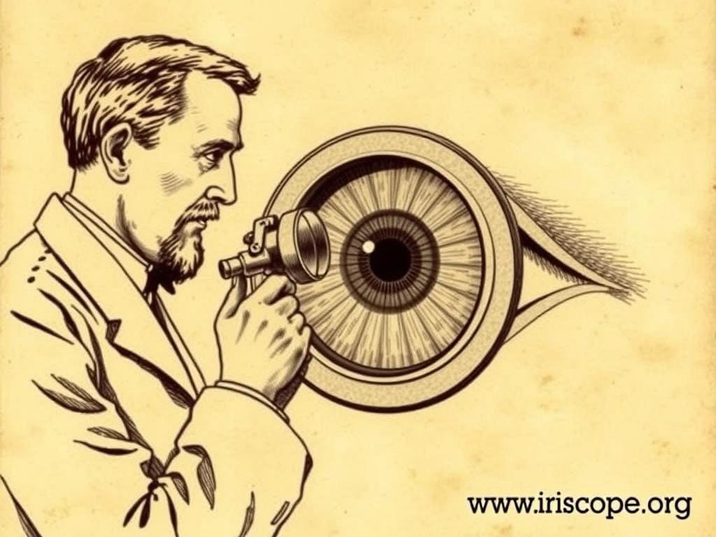 Historical illustration of early iridology practice with simple magnifying tools
