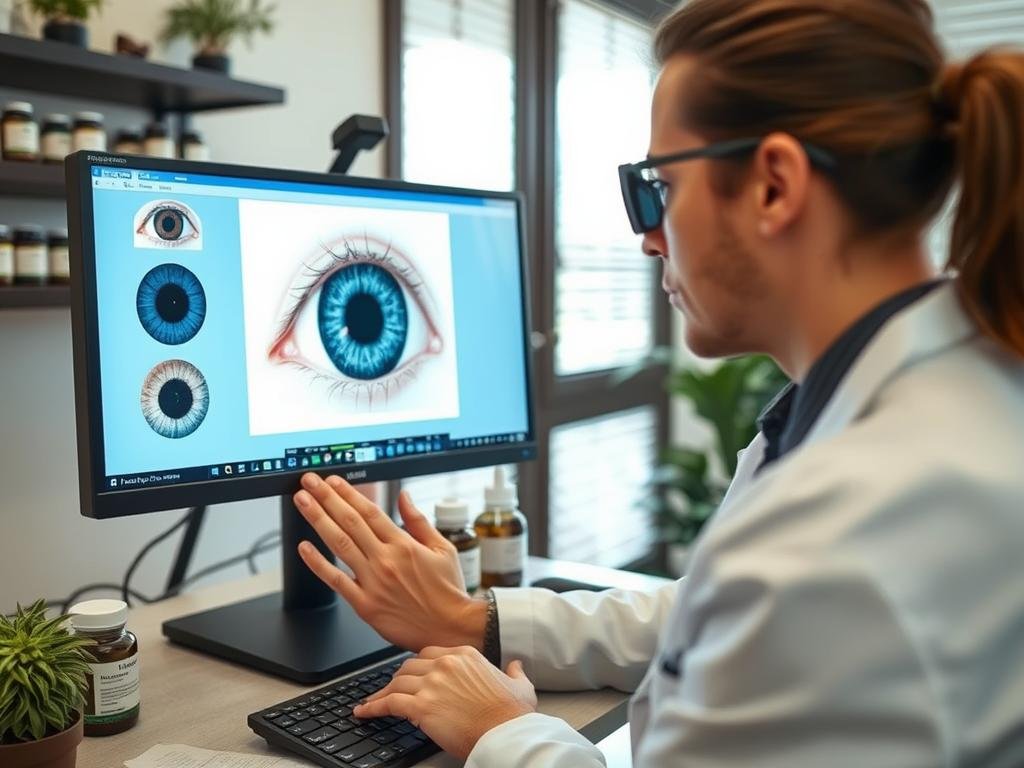 Holistic health practitioner analyzing iris images