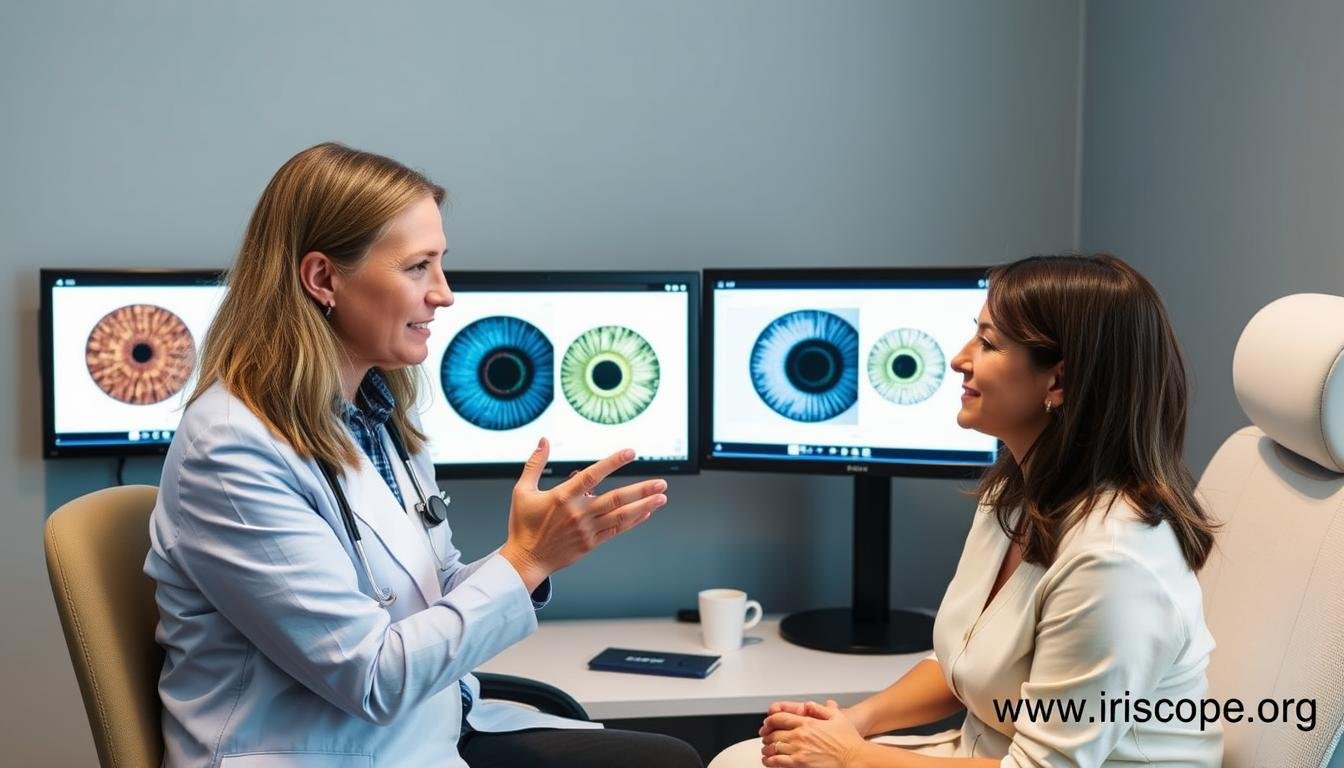 Holistic health practitioner discussing both iridology and conventional eye exam results Holistic health practitioner discussing both iridology and conventional eye exam results