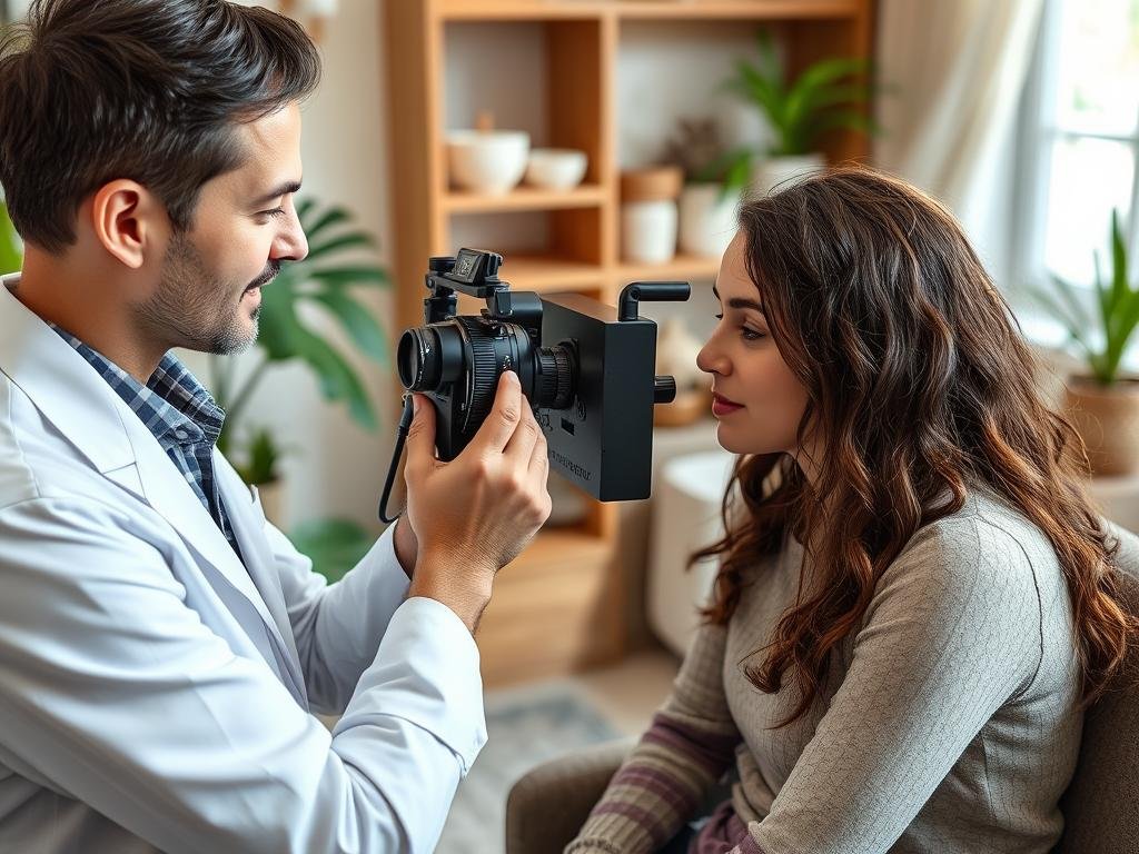 Holistic health practitioner using an iridology camera with a patient Holistic health practitioner using an iridology camera with a patient