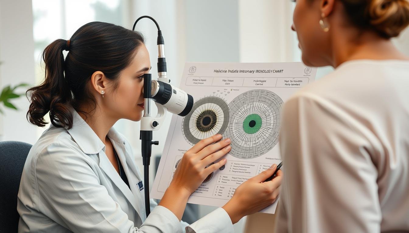 Holistic practitioner using Iridology Chart during wellness consultation