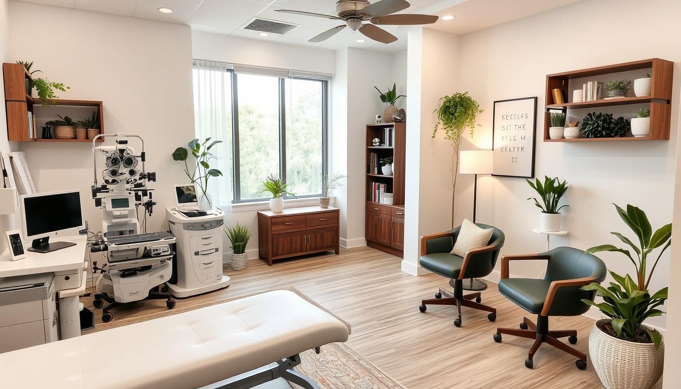 Holistic wellness center with Iridology Chart analysis station alongside other modalities