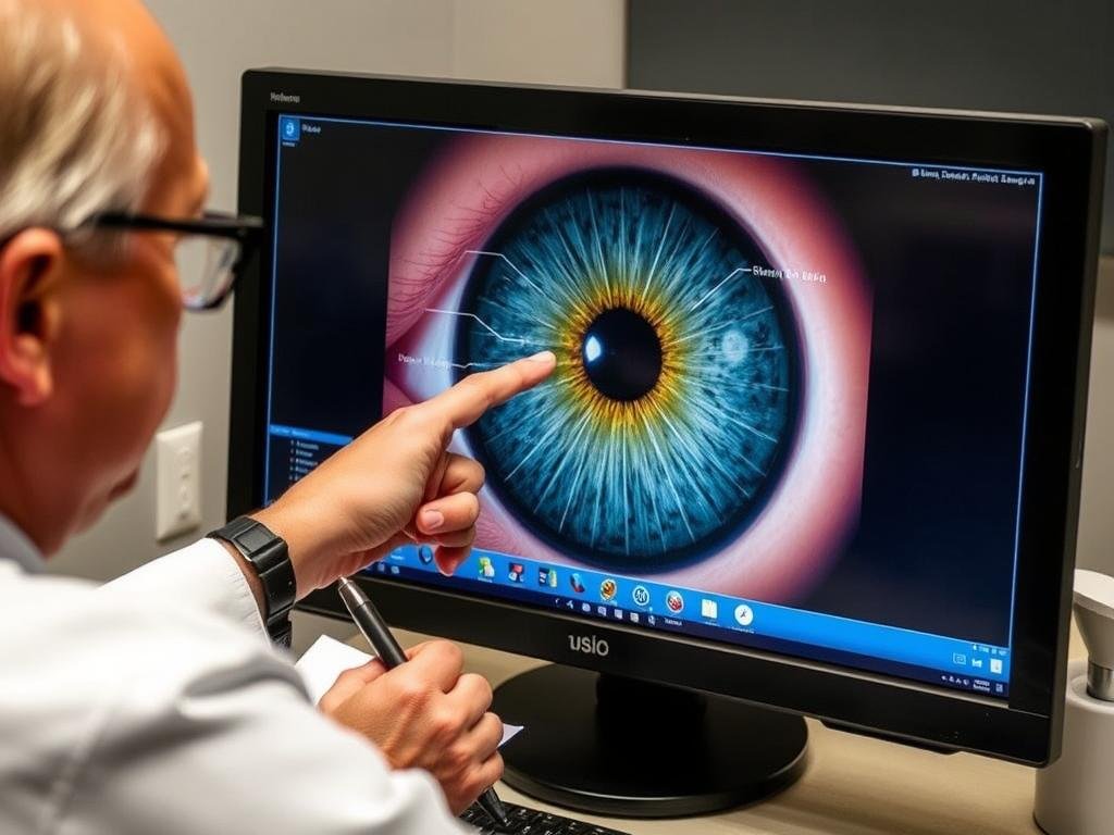 Iridologist analyzing iris markings using specialized software