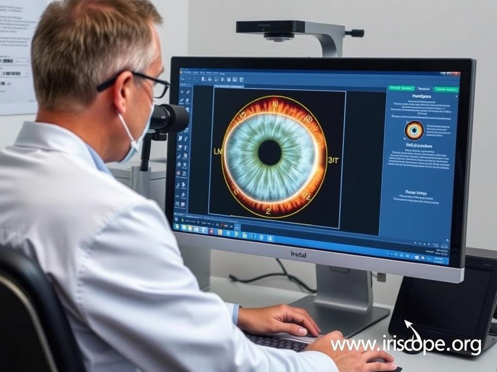 Iridologist analyzing iris patterns for health assessment Iridologist analyzing iris patterns for health assessment