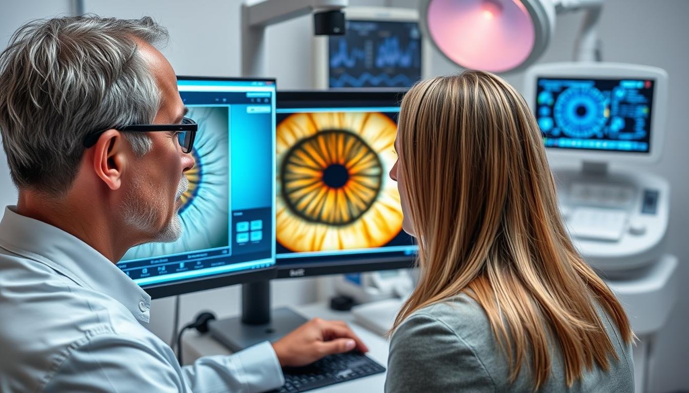 Iridologist analyzing iris patterns using digital software